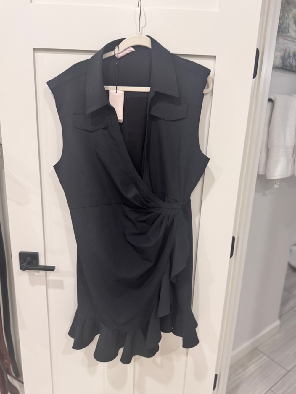 Cinq a Sept Black Zenni Ruffle Sleeveless Wrap Mini Dress Flattering & versatile - Picture 5 of 8